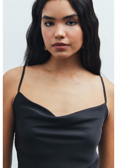 Brûleur Siyah Degaje Yaka Askılı Uzun Saten Pijama Takımı Siyah