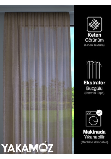 Hasır Rengi Keten Görünümlü Ekstraforlu Tül Perde Linen Touch Serisi Hasır Rengi