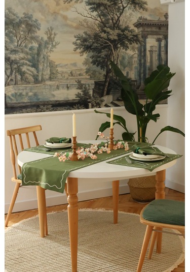 Yakacihome Florina Yeşil 4amerikanservis,1runner,4peçete, 4peçetehalkası Duck Keten Yıkanabilir Leke Tutmaz Set Haki
