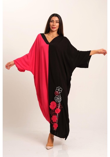 Kadın Pembe Siyah Garnili V Yaka Eteği Nakışlı Cepli Oversize Uzun Elbise - Pembe