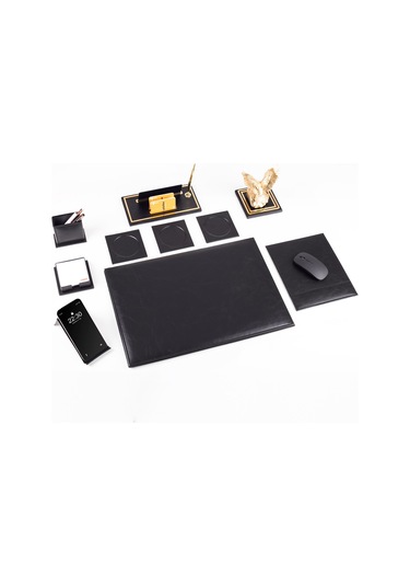 Opta 10 Parça Kartal Biblolu Siyah Deri Sümen Seti Takımı Gold Kalem Ofis Masa İsimliği Lüks İsimlik