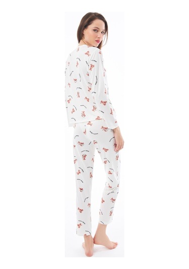 Premium Yazlık Kadın Pijama Takımı Ayıcık Desenli Yumuşak Dokulu Bisiklet Yaka Uzun Kollu Krem