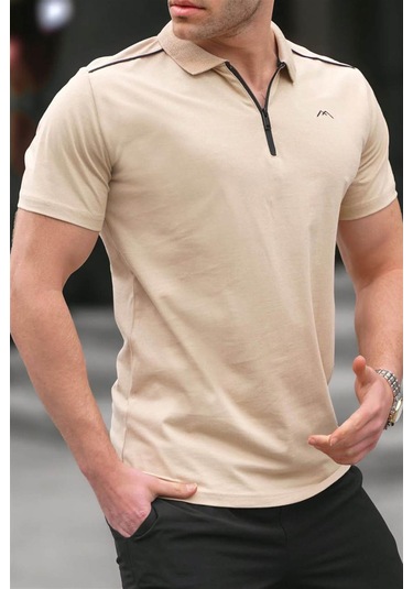 Madmext Erkek Bej Basic Fermuarlı Polo Tişört 6076 Bej