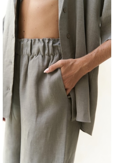 Mai Collection Baron Füme Keten Gömlek Pantolon Takım Füme