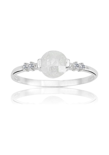 Altın Yüzük - 14 Ayar Altın Yuvarlak Beyaz Kristal Minimal Kadın Yüzük - Doğum Günü Hediyesi Yüzük Beyaz Altın