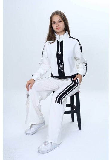 Kız Çocuk 2 İplik Yarım Fermuarlı Garnili Eşofman Takımı %100 Pamuk Rahat Kalıp-325 Ekru