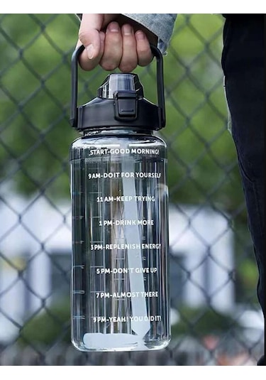 Pipetli Motivasyonel Su Matarası 2 L Siyah