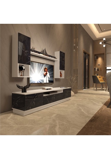 Decoraktiv Trendstyle 5das Mdf Tv Ünitesi Tv Sehpası Beyaz - Siyah Mermer