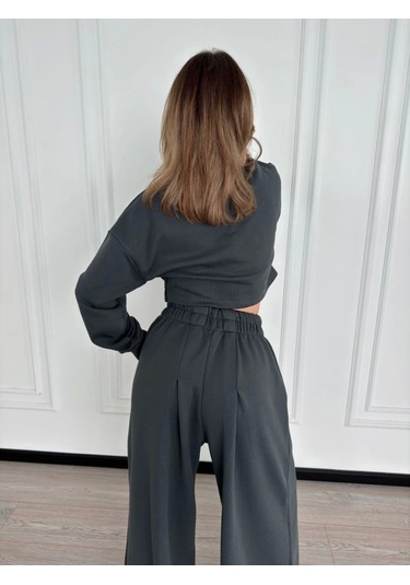 Uzun Kollu Önü İp Büzgülü Crop Ve Pantolon İkili Takım - Antrasit Çok Renkli