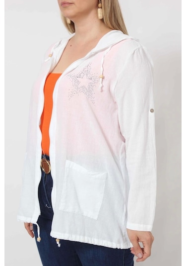 Moda Berray B1016b Beyaz Yıldız Baskılı Kapüşonlu Fermuarlı Ceket Beyaz