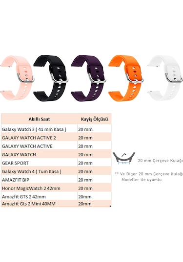 Galaxy Watch 6, 5, 4 Ve Active 2 İle Uyumlu Silikon Kordon 20mm