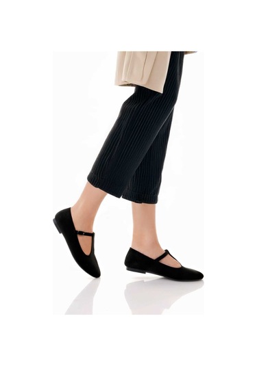 Siyah Süet T-strap Mary Jane Tasarım Babet Siyah Süet
