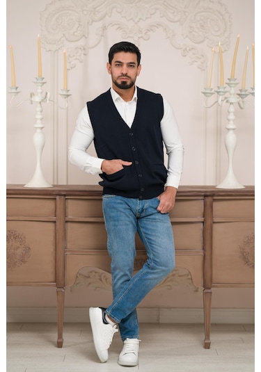 Woolen World Regular Fit Ön Cepli Kolsuz Erkek Triko Yelek Lacivert