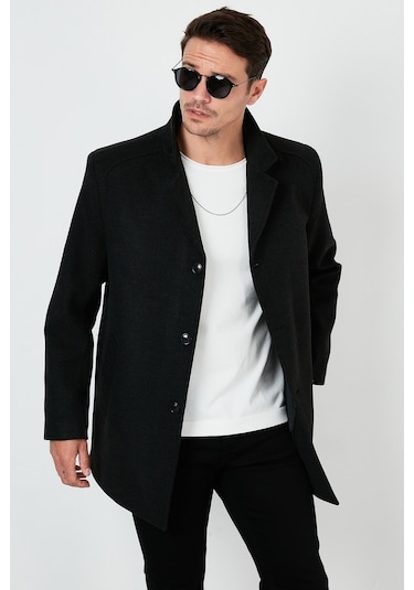 Buratti Çıkarılabilir Kapüşonlu Kırçıllı Slim Fit Kaşe Erkek Kaban 5841013 Füme