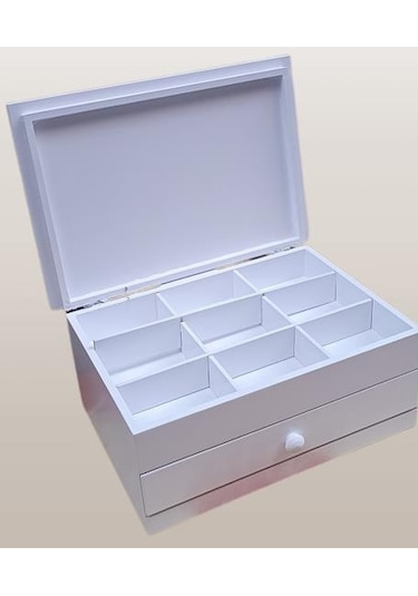 Hobi Adn Dekoratif Makyaj Kutu Çekmece Bölmeli Ahşap Mdf Beyaz Lake Boya El Yapım