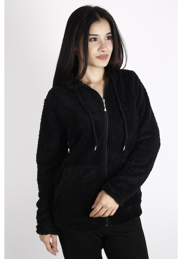 Kadın Siyah Peluş Yumoş Fermuarlı Kapüşonlu Cepli Welsoft Ceket 22kckteres 001