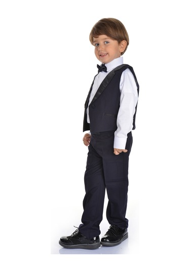 Saten Yaka Kuşaklı Yelekli Erkek Çocuk Takım Lacivert