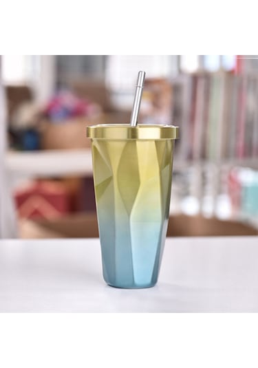 Honmex 500ml Çift Katlı Paslanmaz Çelik Termos Bardak, 6 Saat Isı Saklama, Damlacık Önleyici Kapak Ve Pipetli, Seyahat İçin Uygun Mavi Degrade Mavi