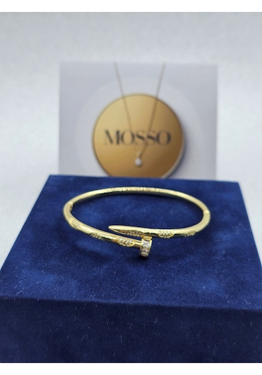 Zirkon Taşlı Çivi Model Gold Renk Çelik Bileklik Altın