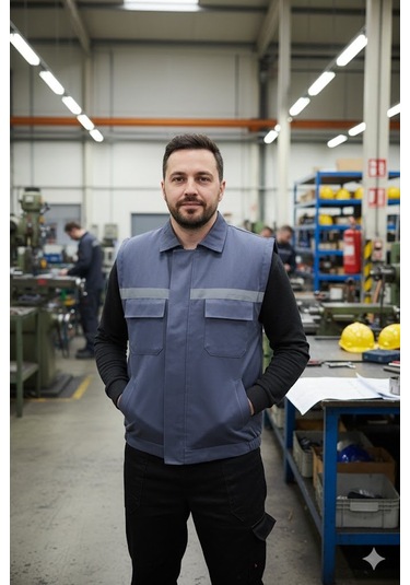 Erkek Reflektörlü Kalın Gabardin Kumaş Kışlık Iş Ve Çalışma Yeleğ Gri