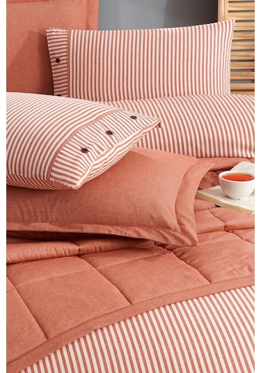 Life %100 Pamuk Nevresim Takımı Ve Yatak Örtüsü 7 Parça Orange Bej