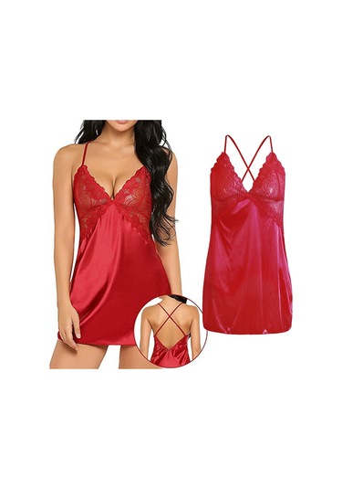 Dolıty Kadın Babydoll İç Giyim Dantel Askılı Pijama T-sırt Kırmızı L Kırmızı