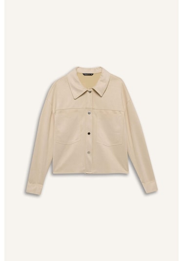 DeFacto Crop Çıtçıtlı Cepli Süet Gömlek Ceket B2983AX24WNBG74 Bej