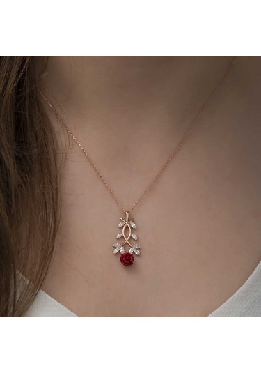 925 Ayar Gümüş Rose Kırmızı Gül Gümüş Kolye Gümüş