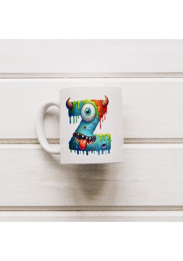 Z Harfi Bardak, Sevimli Canavarlar Harflı Bardak Hediyesi Porselen Beyaz