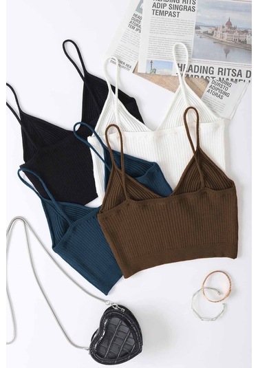 Angelsin Merry See 4 Lü Paket Askılı Bluz Crop Çok Renkli