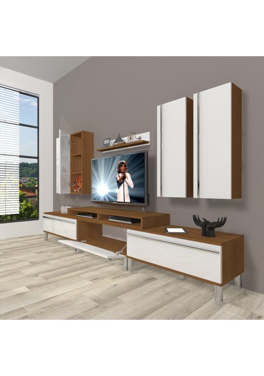 Decoraktiv Ekoflex 8d Mdf Krom Ayaklı Tv Ünitesi Tv Sehpası Ceviz - Beyaz