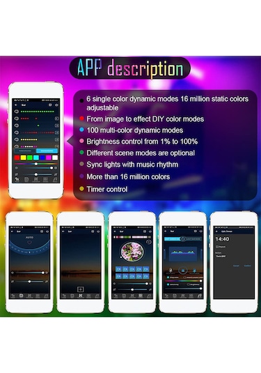 Ximistore9 "5v Bluetooth Kontrollü Rgb Led Şerit Işık, 5050 Led'li, 15 Metre, Uzaktan Kumandalı" 109 Karakter