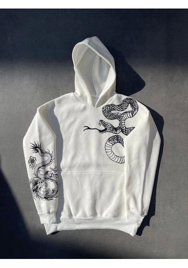 Efnaz Style Uzun Kol Kapşonlu Baskılı Sweatshirt - Beyaz