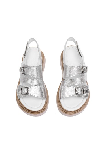 Elit Vesta Kadın Hakiki Deri Düz Sandalet Gümüş Gümüş