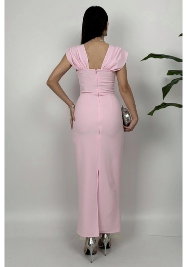 Valentia Madonna Yaka Taş İşlemeli Kalem Pembe Abiye Elbise, Zarif Davet Elbisesi Pembe