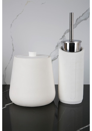 Betonmall 4 Parça Mermer Desenli Beton Banyo Wc Seti Tuvalet Fırçası Çöp Kovası 4 Litre - Sade Beyaz Sade Beyaz