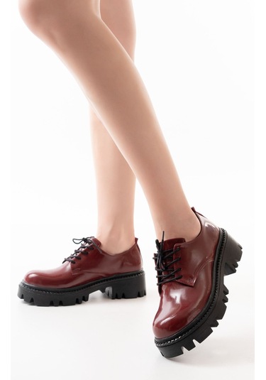 868-754 Bordo Rugan Bağcıklı Günlük Yüksek Tabanlı Loafer Aya... Bordo