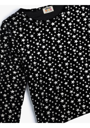 Koton Crop Bluz Uzun Kollu Pencere Detaylı Yuvarlak Yaka Siyah Desenli 5wkg60035ak Siyah