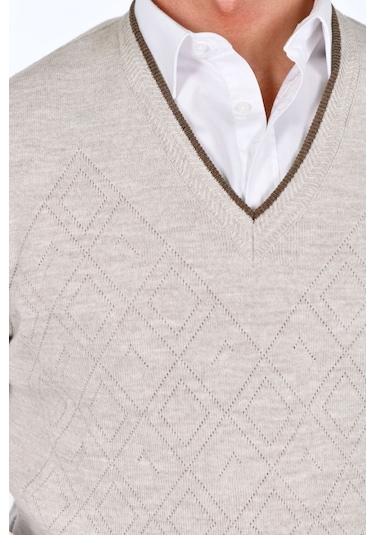 Kamalı Krem Erkek Çelik Örgü Intersiye Kışlık Kalın Triko V Yaka Triko Örgü Tüylenmez Süveter Taş