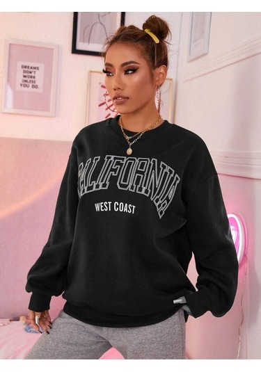 Altamira Unisex Siyah California West Baskılı Bisiklet Yaka Oversize Sweatshirt 001