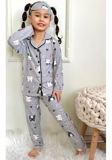 Kız Çocuk Düğmeli Kedi Desenli Uzun Kollu Pijama Takımı-932 Gri