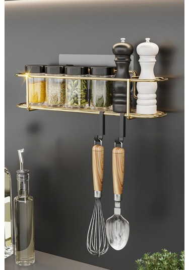 Bino Baharatlık Lüks Metal Gold Mutfak Rafı Banyo Rafı Yapışkanlı Kancalı Şık Tasarım Tuzluk Askılık Çok Renkli