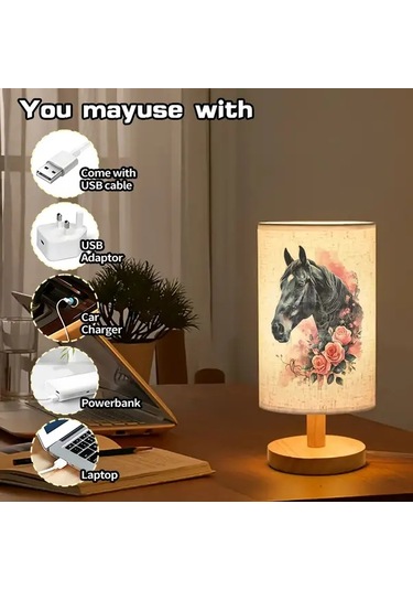 Willowhaven 24x10 Kara At Baskılı Ahşap Renk Masa Lambası Led Işık Usb Şarjlı Yatak Başı Lamba Hediye Füme