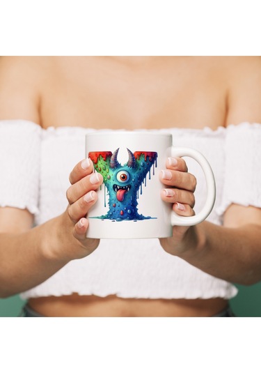 Y Harfi Bardak, Sevimli Canavarlar Harflı Bardak Hediyesi Porselen Beyaz