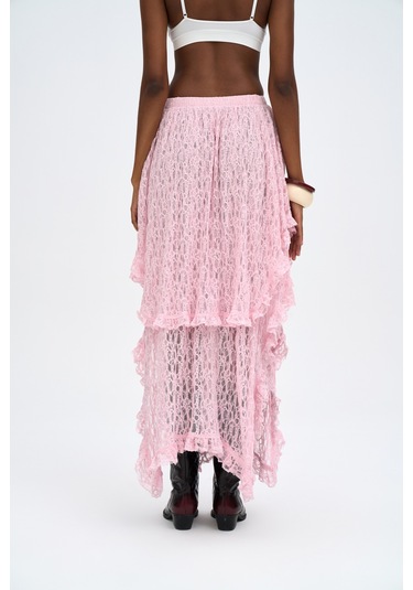 Mireya Asimetrik Pembe Dantel Etek Pembe