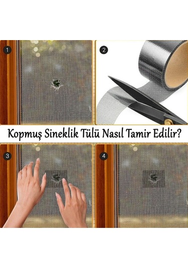 48 Mm X 2 Metre 3 Adet Yapışkanlı Sineklik Tülü Tamir Bandı Yaması Bantı Kopmuş Delik Fiber Tül Ya
