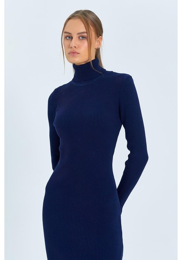 6889 Kadın Balıkçı Yırtmaçlı Uzun Triko Elbise Lacivert Lacivert