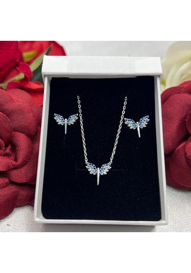 Mavi Melek Kanadı Kadın 2'li Setii 925 Ayar Gümüş Rodyumlu Zirkon Taşlı Gümüş