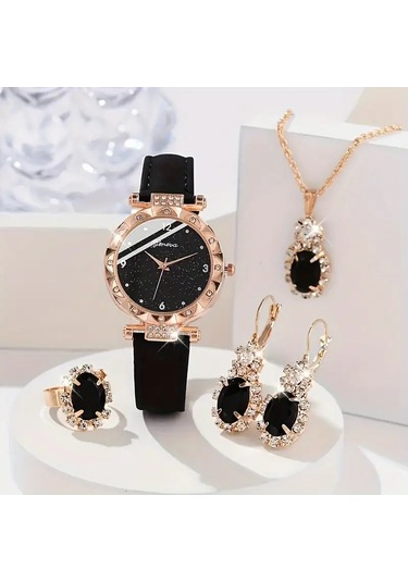Kadın Vintage Yuvarlak Saat Analog Ve Kolye+küpe+yüzük Takı Altın - Siyah