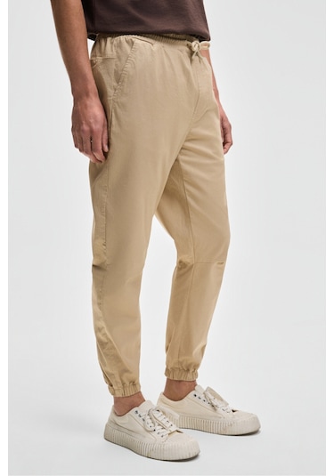 Jakob Erkek Dokuma Yıkamalı 4 Cepli Kalın Dokulu Paçası Lastikli Bej Pantolon